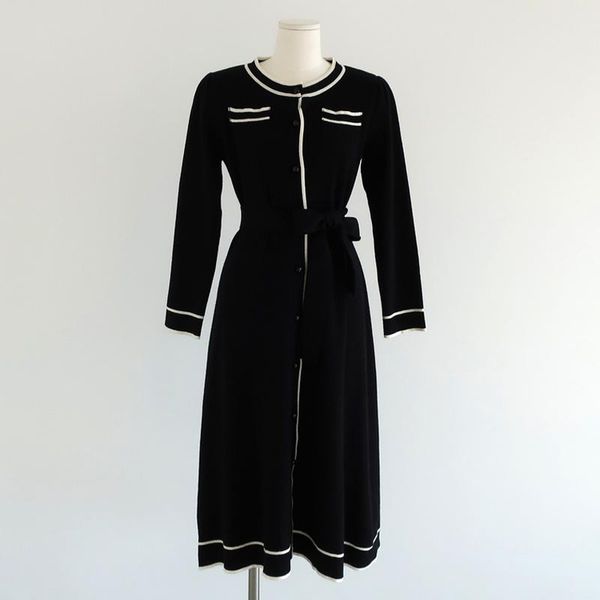 

zoki elegant women knitted dress autumn high waist long sleeve pearl button long sweater dress casual tunic vestidos de fiesta, Black;gray