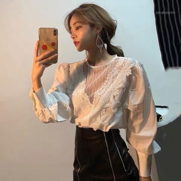 

korean style women shirts 2021 spring and autumn new ladies blouses and round neck hollow long sleeve women's clothing1, White