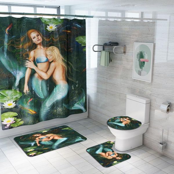 

sunrise printed curtain rug seat bath mats shower pedestal mermaid sea cover non slip toilet set curtains bathroom 3d yxlzvj xhhair