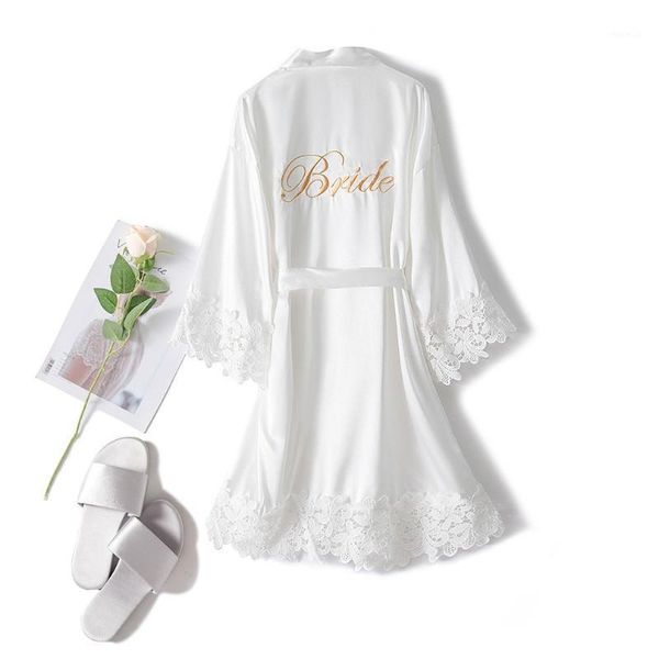 

embroidery bride wedding robe lace bridesmaid sleepwear women satin kimono gown silky intimate lingerie loose home dress1, Black;red