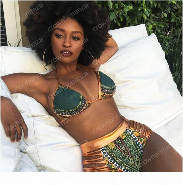 

new african print two-pieces bath suits bikini set geometric swimwear swimsuit gold high waist swimming suit, White;black
