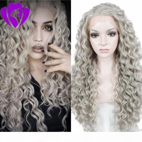 

part kinky curly afro hair wigs grey color synthetic lace front wig long for black women daily use 180% heavy density heat resistant