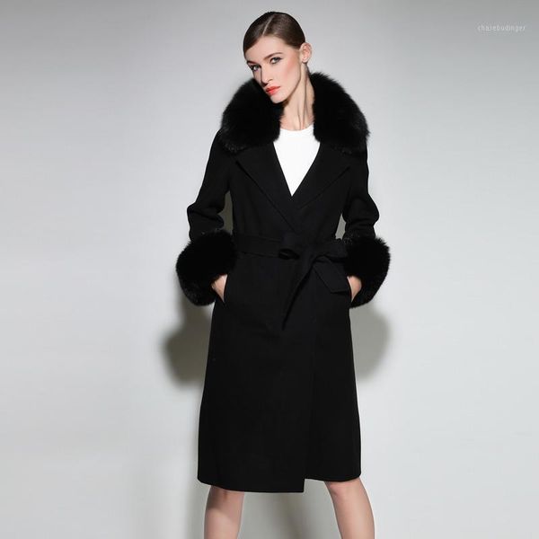 

2020 autumn winter x-long ladies wool coat with real fur collar and cuffs pashmina women outerwear1, Black