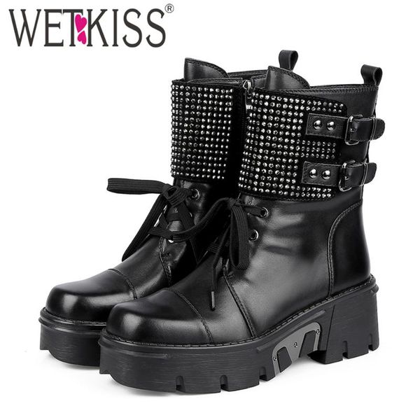 

wetkiss ankle boots genuine leather shoes woman street style wedges booties platform square toe shoes metal motorcycle boot lace, Black