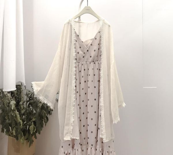 

lace splice wrap summer holdiay sea beach style sun protection women chiffon shirt long cover-ups kimono1, White