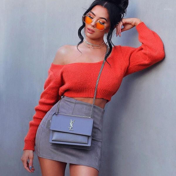 

2020 winter women sweater autumn long sleeve o-neck casual female jumper cold shoulder pullover short sweater1, White;black