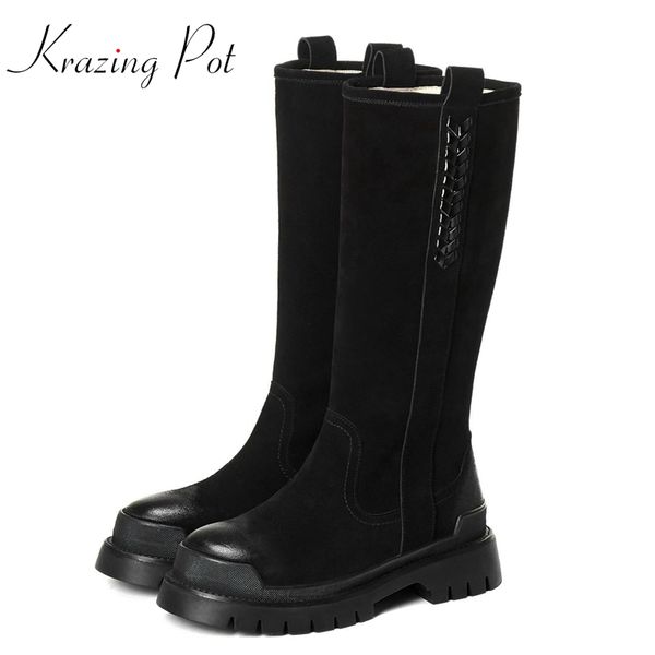 

krazing pot cow suede full grain leather warm round toe med heel wedges slip on winter shoes brand retro thigh high boots l8f1, Black