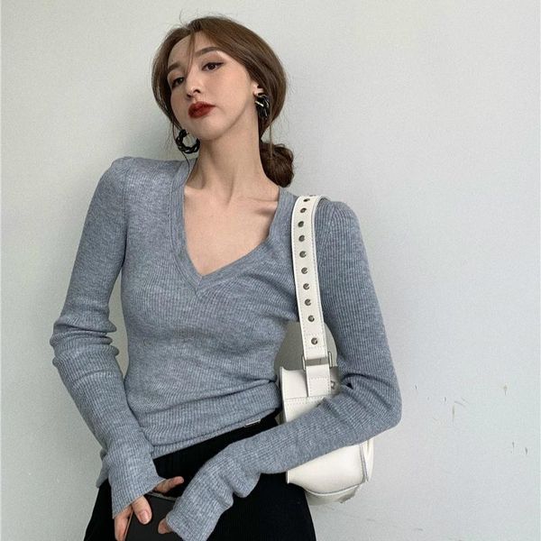 

knit sweater women's slim v-neck bottoming shirt 2020 autumn and winter new gentle wind tight sweater top, White;black