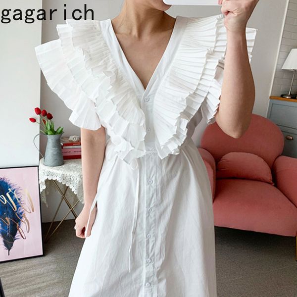 

gagarich women vintage dress korean style elegant solid v-neck single-breasted pleated ruffles waist long ladies casual vestido lj201203, White;black