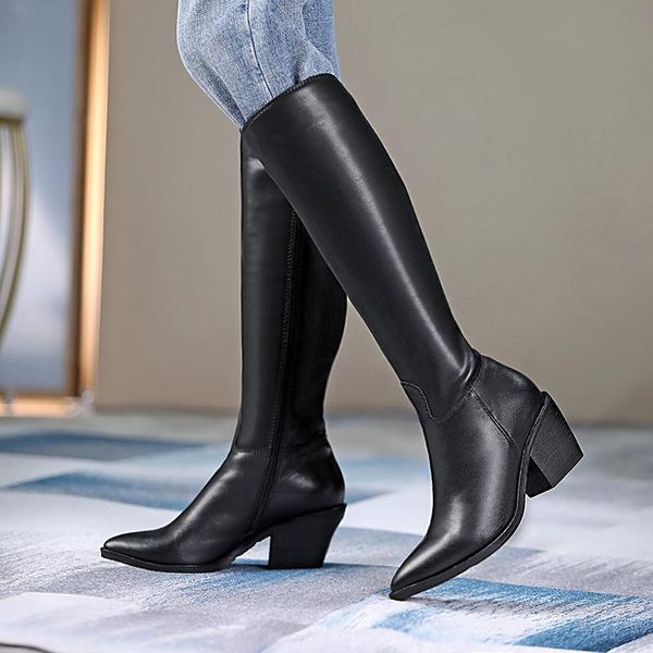 

pointed toe boots women but knee 2020 new retro british style leather knight boots black thick heel