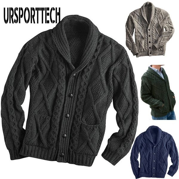 

100% irish merino wool aran button men's sweater autumn winter new cardigan sweatercoat slim fit warm knitted sweater coat 201119, White;black