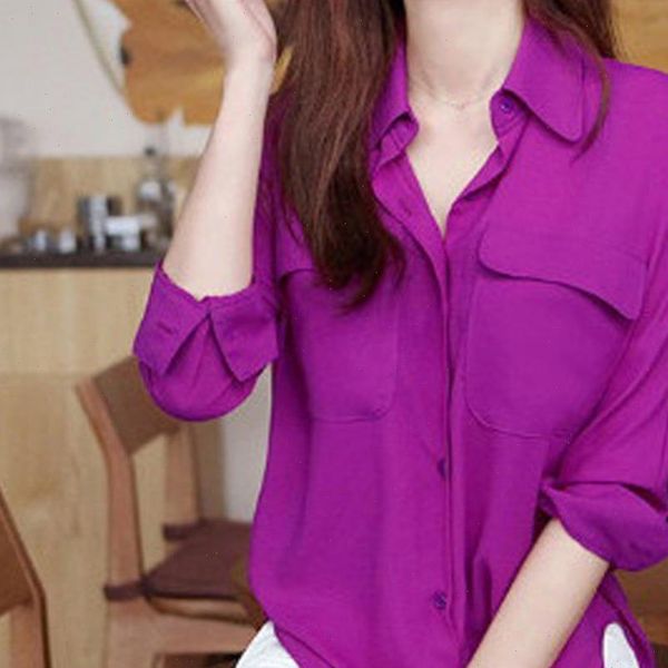

womens clothing fashion women chiffon blouse pockets long sleeve shirt solid 2 colors, White