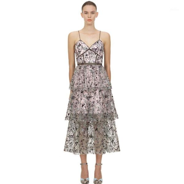 

casual dresses llzacoosh summer self portrait party dress runway spaghetti strap lace embroidery cake midi women hollow out1, Black;gray