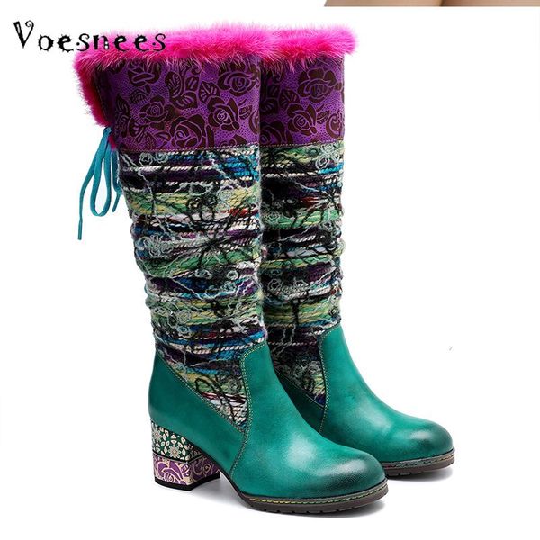 

voesnees women's shoes 2020 autumn and winter fashion knitting woolen long women's boots stitching floral warmth knee soft boots, Black