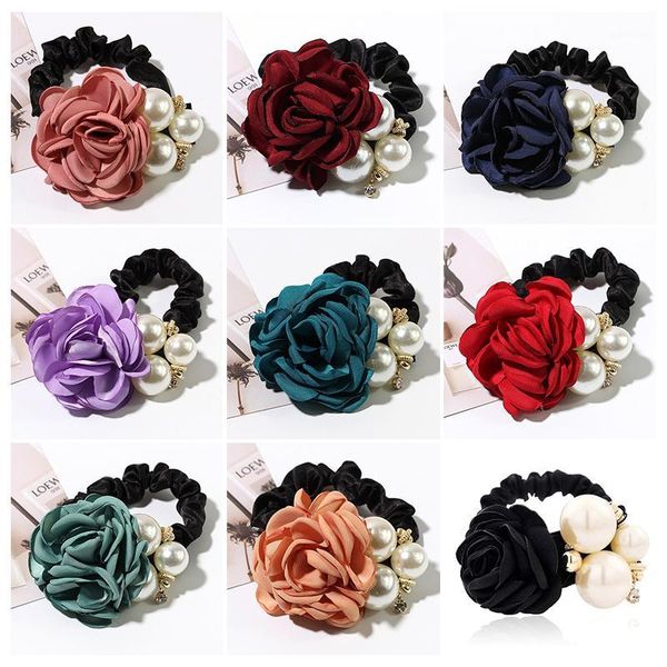 

h:hyde women fashion elastic hair bands big flower rhinestones imitation pearls rose hair rope charms accessories new1, Golden;silver