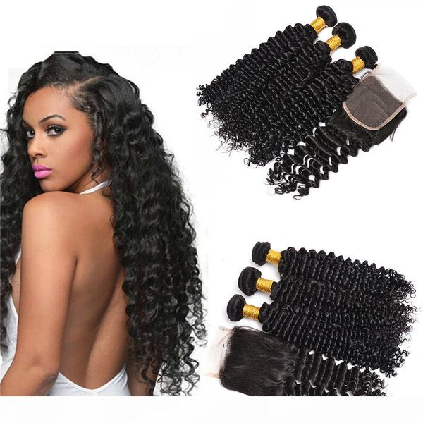 

brazilian deep wave human hair weave 3 bundles with closure 7a unprocessed peruvian malaysian virgin hair deep curly wavy hair extension, Black;brown
