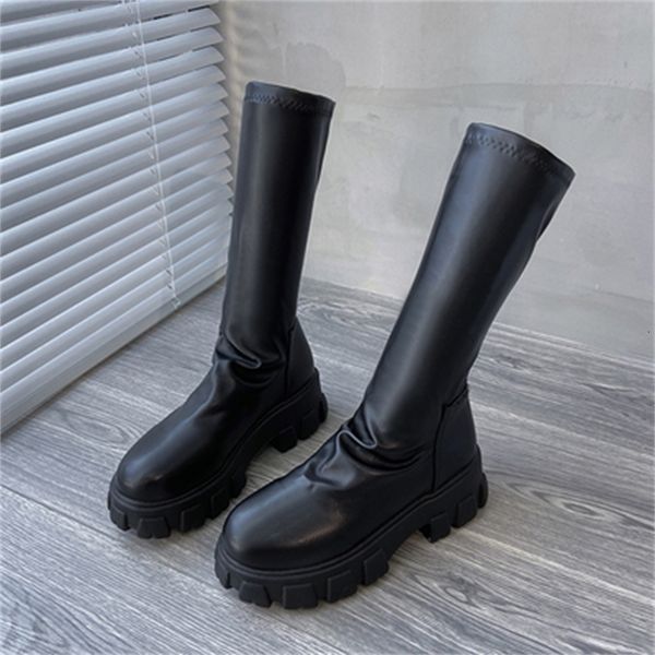 

thumb-shaped 2021 new round black punk chunky heel high female boots slither in women's shoes 35-40 lyyu