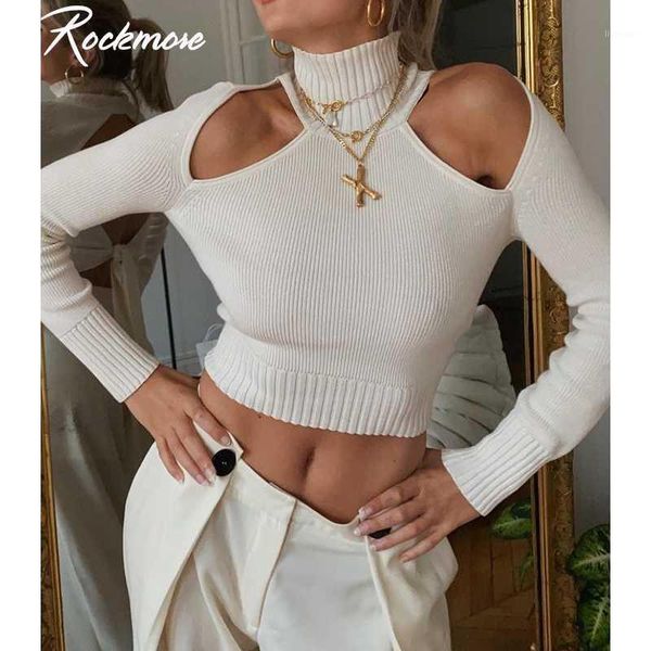 

rockmore turtleneck hollow out pullover women's sweater butterfly strap long sleeve crop basic white harajuku korean clothes1, White;black