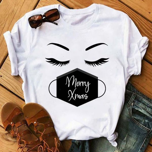

merry xmas mask eyelash printed women t shirts harajuku 90s ulzzang short sleeves shirts cartoon graphic tees female, White