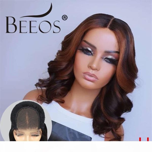 

beeos 180% 4*4 closure lace wigs highlight color loose wave brazilian remy human hair wigs with baby hair pre plucked hairline, Black;brown