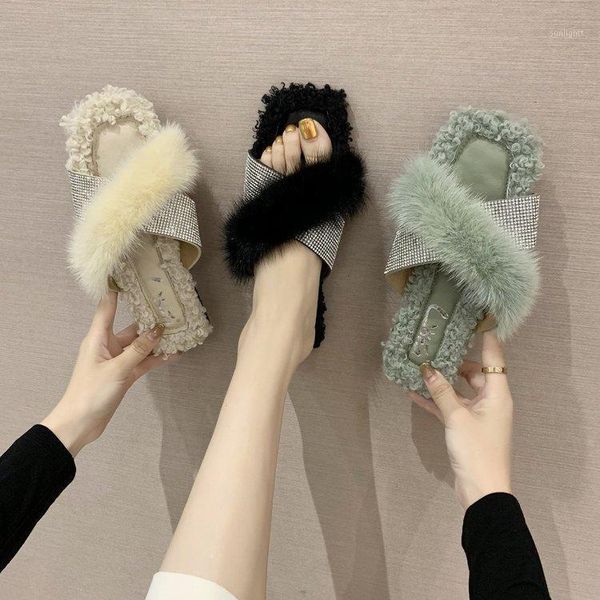 

slippers women fur cute soft sandals furry crystal bling outside slides flat girls solid woman amazing shoes1, Black