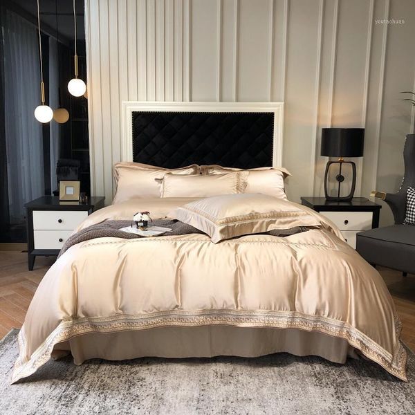 

4 piece luxury bedding set king size champagne gold bed covers  bedsheets high-end silky egyptian cotton spread double full1