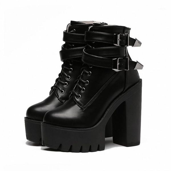 

2020 autumn fashion women boots high heels platform buckle lace up leather short booties black ladies shoes good quality1