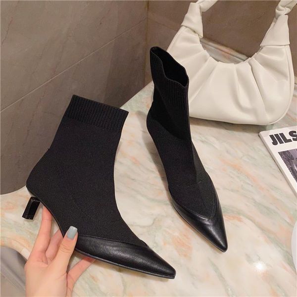 

sexy острого носа stretch вязания носок boots женщина сплошного котик каблук ботильоны для женщин дизайнерской зимней обуви, Black