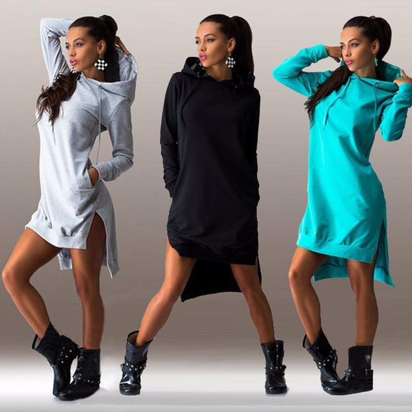 

woman dress hoodies autumn sports casual long sleeve split sweatshirt hooded dress women clothes casual dress plus size, Black;gray