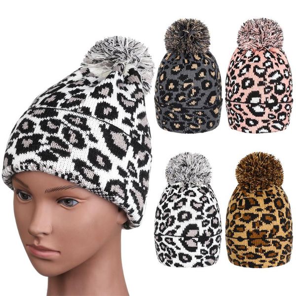 

fashion leopard beanie winter autumn knitted print women hat with pompom pom pom warm ski cap, Blue;gray