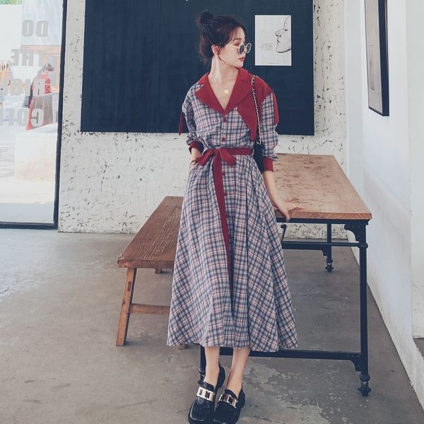 

2021 new dressed demale spring new fall fashion french retro single seam breasted waistband long shirt female dress 5a ttvk, Black;gray