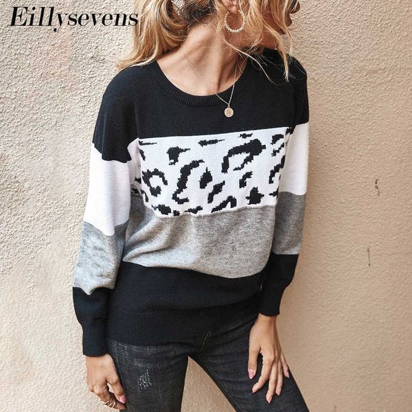 

women's tunic casual knitted leopard patchwork print color pullover long sleeve shirt ladies loose blouse jumper autumn winter, White