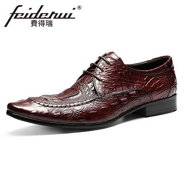 

luxury designer genuine leather men's formal dress footwear pointed toe lace man oxfords alligator pattern derby shoes fhs115, Black