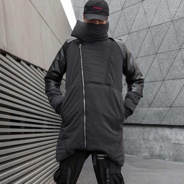 

2020 winter men thick warm long jacket korean style slim parka coat male pu leather patchwork punk casual jackets1, Black