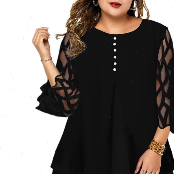 

sale 6xl geometric translucent sleeve plus size blouse casual button womens blouses ruffled long sleeve shirts blusas d30, White
