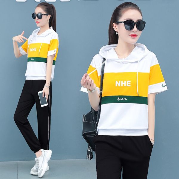 

turong leisure sports leisure women's suit for women summer korean version fashionable color contrast hooded student ghost dance dress, Gray