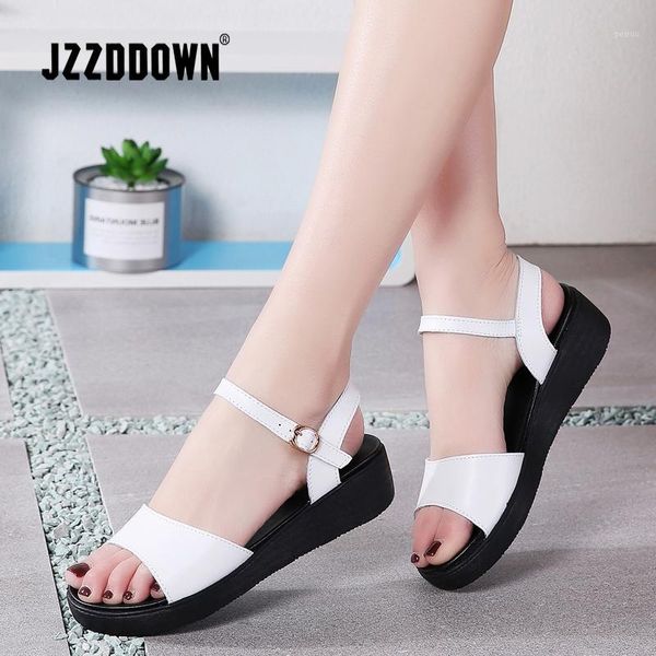 

sandals jzzddown women summer leather flat platform wedge beach flip flops ladies 8191, Black