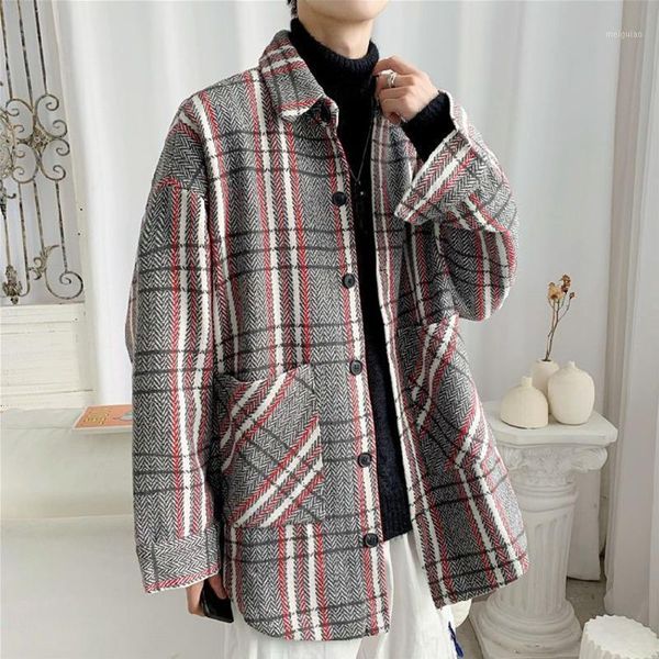 

winter 2020 new men's casual plaid herringbone woolen overcoat loose fashion atmosphere long windbreaker size m-2xl1, Black