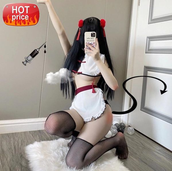 

Japanese Ultra-short White Cheongsam Underwear Lace Babydoll Sexy Bra Skirt Panties Cheongsam Anime Lingerie Set Exotic Apparel #DJ57, Black;white