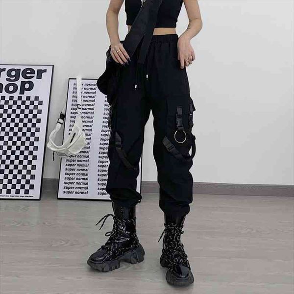 

gothic punk black cargo pants women pockets hippie streetwear joggers harajuku techwear oversize trousers for female, Black;white