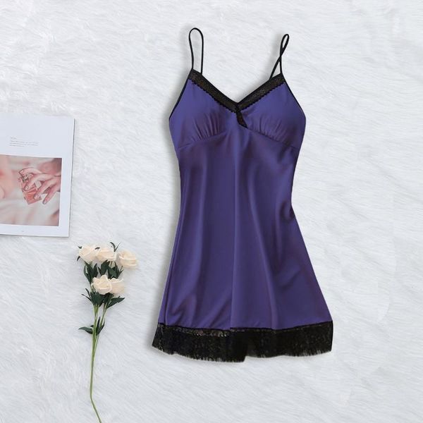 

women sleepwear lace nightgown trim nightie home straps dress solid satin nightdress ladies underwear babydoll nightwear *b1, Black;red