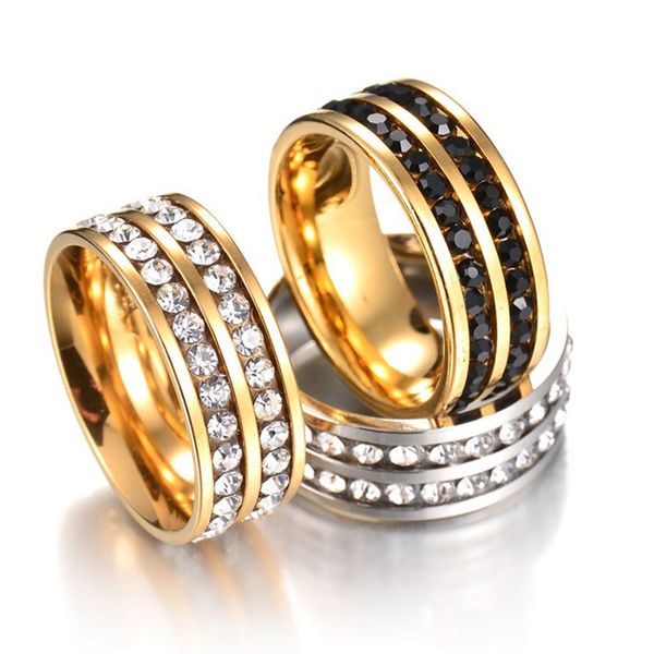 

hip hop rhinestone bling iced out wedding rings gold color titanium stainless steel rings for men women wholesale jewelry, Silver