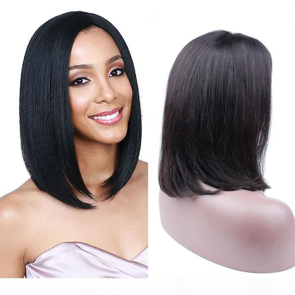 

lace front human hair wigs with baby hair 8 inch to 14 inch brazilian non remy wavy bob wigs bleached knots, Black