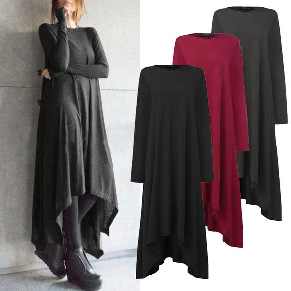 

casual dresses vintage asymmetrical dress women's autumn sundress zanzea 2021 long sleeve maxi vestidos female o neck robe plus size, Black;gray