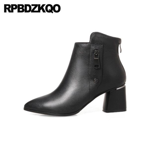 

boots shoes handmade high heel chunky block women winter 2021 big size pointed toe plus booties 10 black short genuine leather