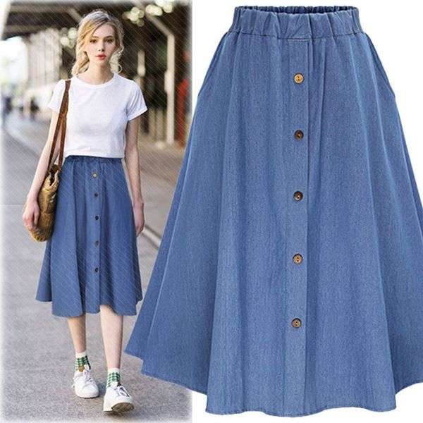 Fashion Korean Preppy Style Denim Saias Mulheres Cor Sólida Saia Longa Natureza Cintura Feminina Big Hem Casual Botão Jean Skirt 201109