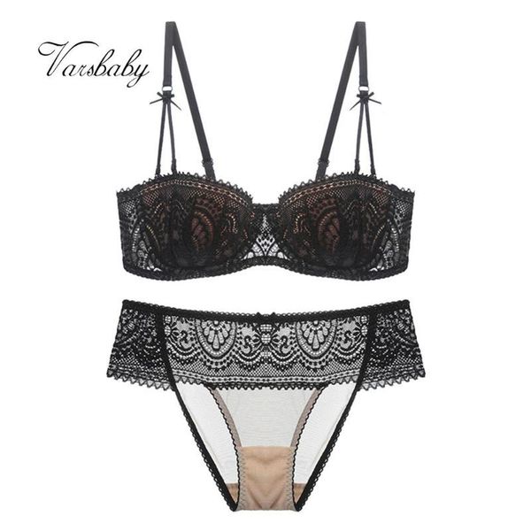 

varsbaby 2pcs women half cup ultra-thin lace bra+panty underwear set, Red;black