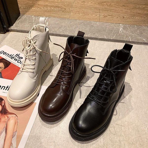 

round toe lace up boots brand women's shoes boots-women winter footwear fashion rock ladies ankle rubber 2021 autumn large size, Black