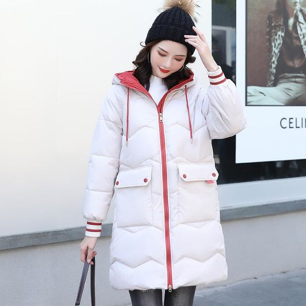 

2020 new medium long hooded parka fashion winter jacket women solid casual warm parka coat female office lady, Black