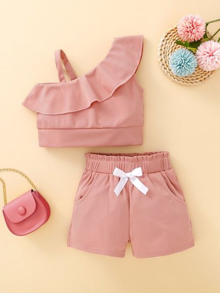 

baby asymmetrical neck ruffle trim & frill waist shorts she, White